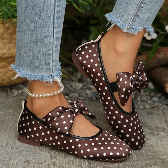 KEVCHE Womens Polka Dot Satin Bow Knot Round Toe Ballet Flats, Comfort Slip On Shoes, Lightweight Footwear for Casual Summer Party Wear, Retro Mary Jane Ballet Shoes