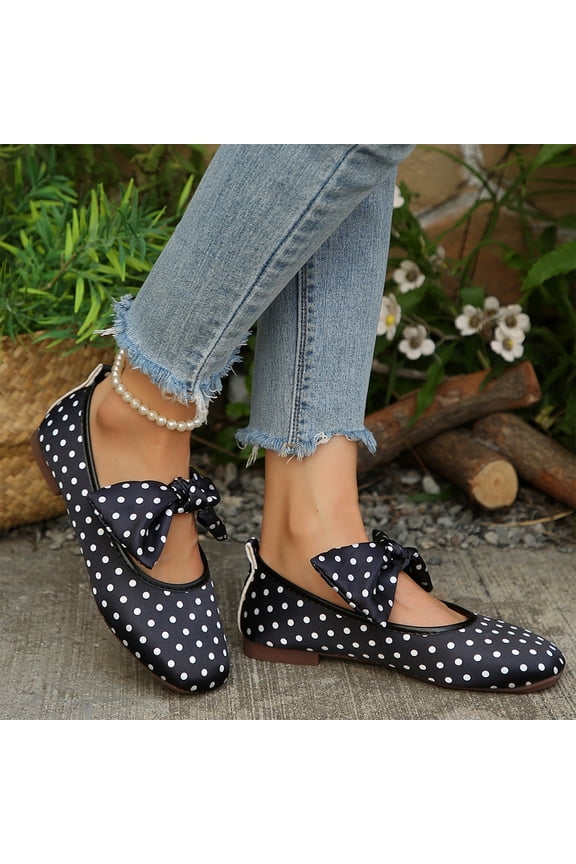 Womens Polka Dot Satin Bow Knot Round Toe Ballet Flats, Comfort Slip On Shoes, Lightweight Footwear for Casual Summer Party Wear, Retro Mary Jane Ballet Shoes