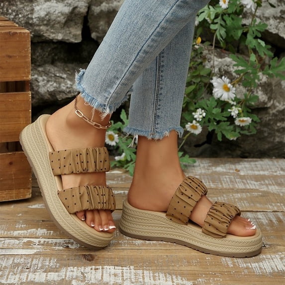 KEVCHE Womens Polka Dot Wedge Platform Sandals, Cute Dot Print Summer Beach Shoes, Non-Slip Lightweight Espadrille Style Sandals for Vacation