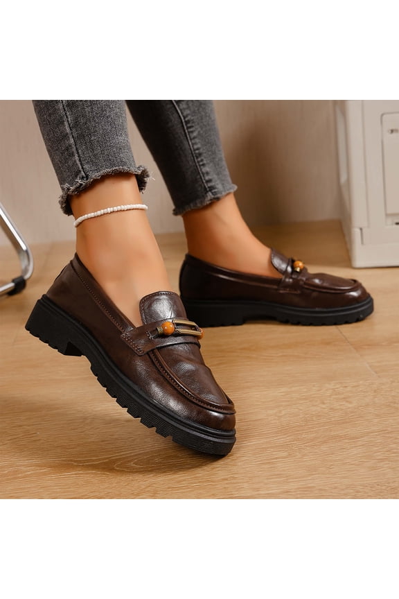 Womens Retro Metal Buckle British Style Flat Loafers, Penny Platform Chunky Loafers Slip-Ons with Gold Buckle, Comfortable Casual Shoes for Women