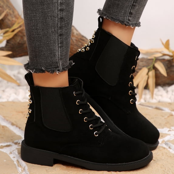 KEVCHE Womens Side Zipper Combat Boots with Round Toe Lace-Up Design, Warm Fashion Boots for Fall Winter with Non-Slip Sole, Comfortable Lightweight Casual Boots for Daily Activities