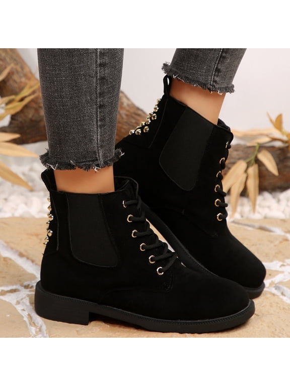 Womens Side Zipper Combat Boots with Round Toe Lace-Up Design, Warm Fashion Boots for Fall Winter with Non-Slip Sole, Comfortable Lightweight Casual Boots for Daily Activities