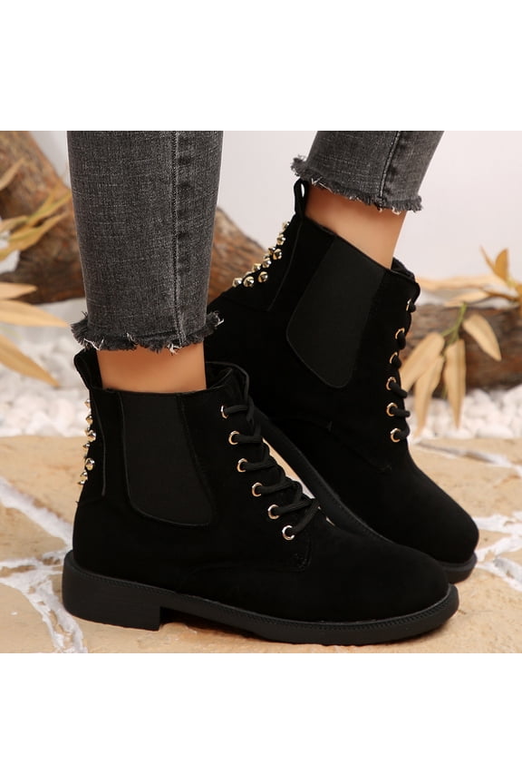 Womens Side Zipper Combat Boots with Round Toe Lace-Up Design, Warm Fashion Boots for Fall Winter with Non-Slip Sole, Comfortable Lightweight Casual Boots for Daily Activities