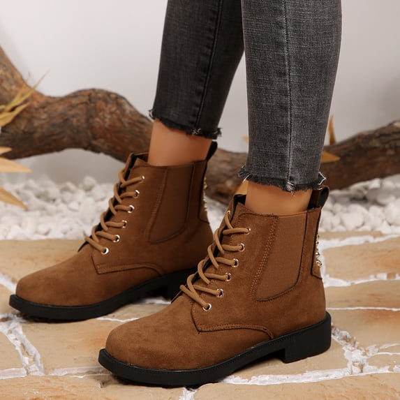 KEVCHE Womens Side Zipper Combat Boots with Round Toe Lace-Up Design, Warm Fashion Boots for Fall Winter with Non-Slip Sole, Comfortable Lightweight Casual Boots for Daily Activities