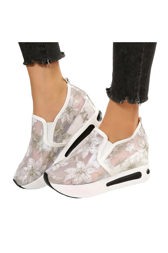Womens Slip On Mesh Sneakers with Floral Embroidery, Breathable Platform Shoes with Hidden Wedge Heel, Sandals for Women With Arch Support,Summer Going Out Shoes