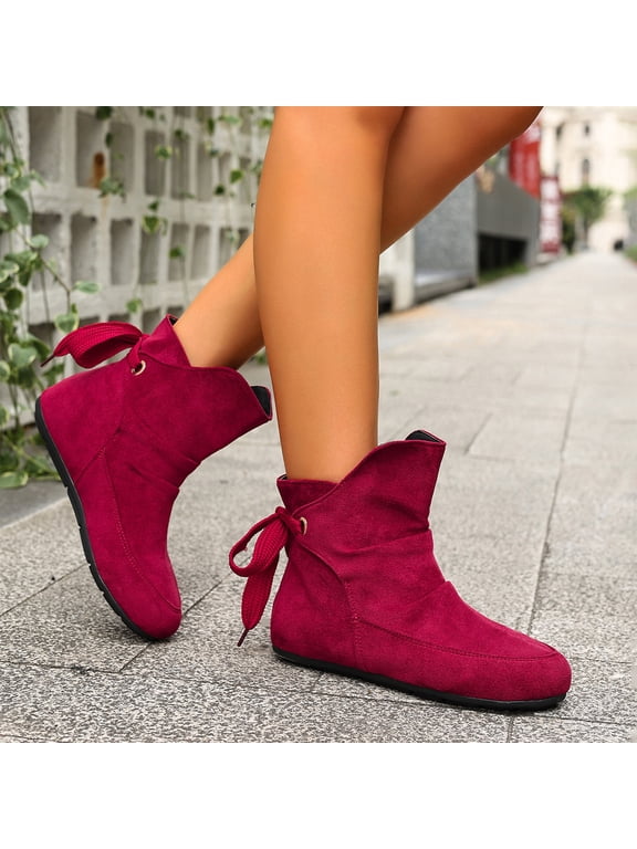 Womens Slouch Boots with Drawstring, Toe Comfort Dress Short Booties for Casual Daily Walking, Autumn Winter Suede Bow Lace-Up Flat Ankle Boots,Non-Slip Boots for All-Day Wear