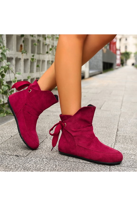 Womens Slouch Boots with Drawstring, Toe Comfort Dress Short Booties for Casual Daily Walking, Autumn Winter Suede Bow Lace-Up Flat Ankle Boots,Non-Slip Boots for All-Day Wear
