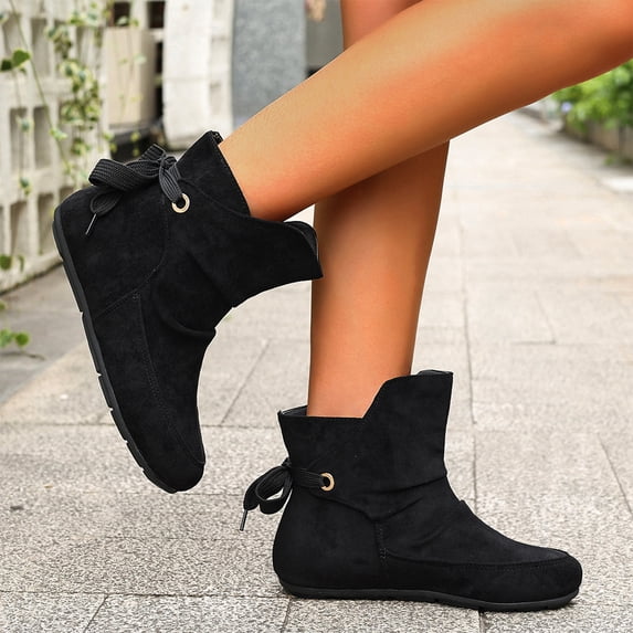 KEVCHE Womens Slouch Boots with Drawstring, Toe Comfort Dress Short Booties for Casual Daily Walking, Autumn Winter Suede Bow Lace-Up Flat Ankle Boots,Non-Slip Boots for All-Day Wear