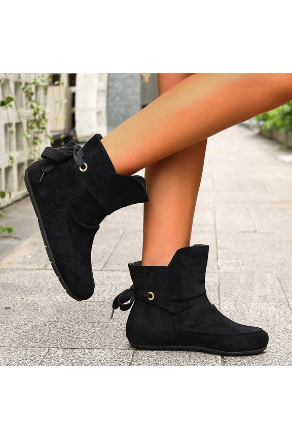 Womens Slouch Boots with Drawstring, Toe Comfort Dress Short Booties for Casual Daily Walking, Autumn Winter Suede Bow Lace-Up Flat Ankle Boots,Non-Slip Boots for All-Day Wear