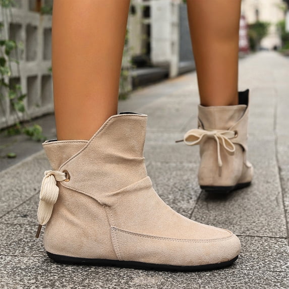 KEVCHE Womens Slouch Boots with Drawstring, Toe Comfort Dress Short Booties for Casual Daily Walking, Autumn Winter Suede Bow Lace-Up Flat Ankle Boots,Non-Slip Boots for All-Day Wear