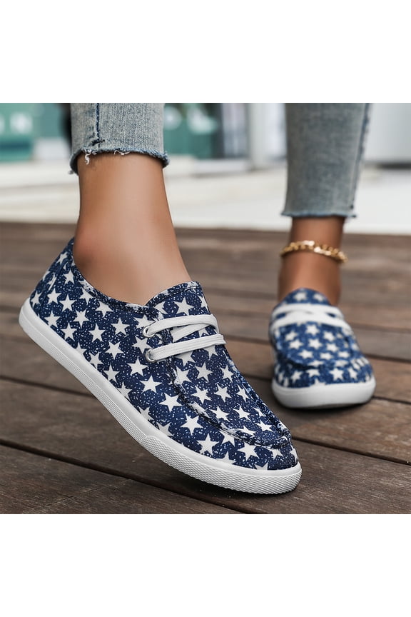 Womens Stars And Stripes Print Low-Top Canvas Shoes, Elastic Lace Slip On Patriotic Loafers, Soft Soled Lightweight Travel Footwear, Comfortable Casual Shoes