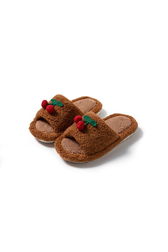 Womens Strawberry Slippers ,Non-Slip Indoor House Shoes, Cute Fruit Plush Cozy Open Toe Cotton Bedroom Home Slippers with Foam Lightweight Travel Portable