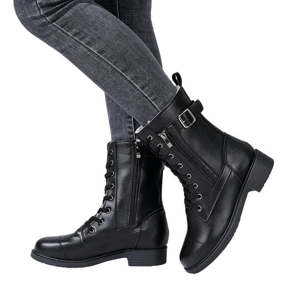 KEVCHE Womens Warm Fleece-Lined Martin Boots with Belt Buckle Side Zipper, Lace-Up Short Combat Booties, Non-Slip Style Cowgirl Boots for Winter