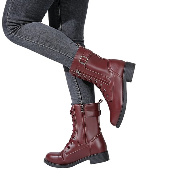 KEVCHE Womens Warm Fleece-Lined Martin Boots with Belt Buckle Side Zipper, Lace-Up Short Combat Booties, Non-Slip Style Cowgirl Boots for Winter
