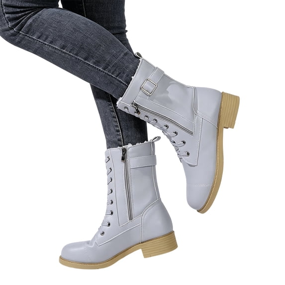 KEVCHE Womens Warm Fleece-Lined Martin Boots with Belt Buckle Side Zipper, Lace-Up Short Combat Booties, Non-Slip Style Cowgirl Boots for Winter