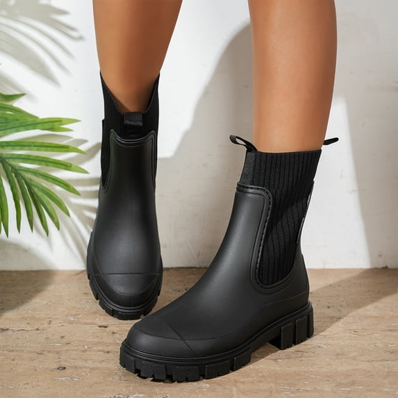 KEVCHE Womens Waterproof Chelsea Rain Boots with Chunky Heel and Lug Sole, Elastic Mid-Calf Rubber Garden Booties, Non-Slip Outdoor Commute Work Shoes