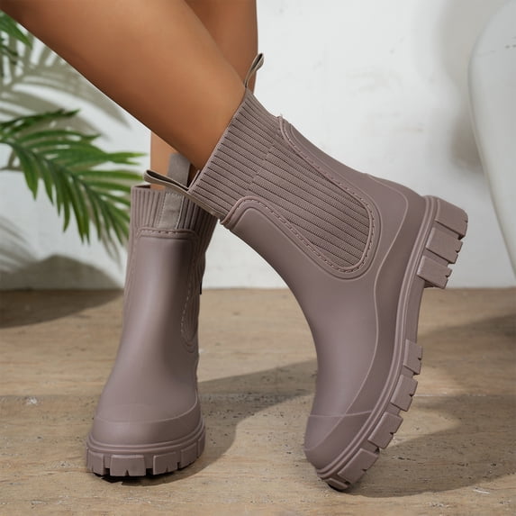 KEVCHE Womens Waterproof Chelsea Rain Boots with Chunky Heel and Lug Sole, Elastic Mid-Calf Rubber Garden Booties, Non-Slip Outdoor Commute Work Shoes
