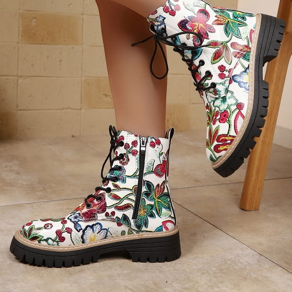 KEVCHE Womens Western Combat Boots with Floral Design, Side Zipper and Lace-Up Closure, Flat Platform Ankle Boots for Winter Fall, Comfortable Non-Slip Booties with Cushioned Insole