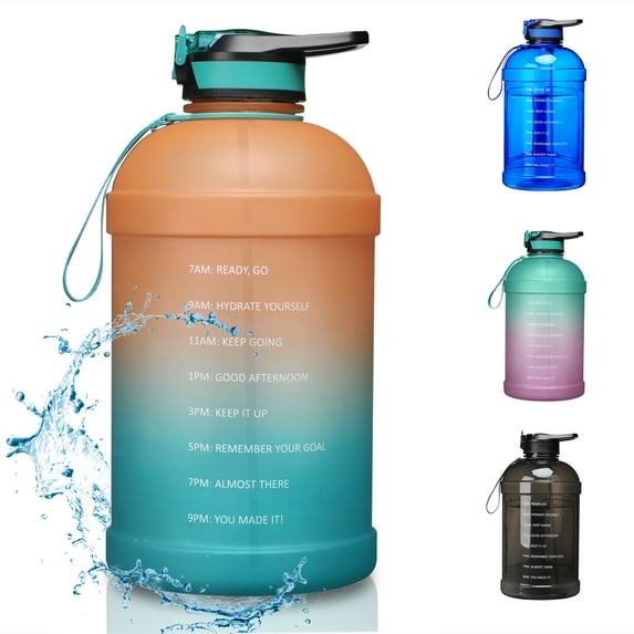 KEVENZ Water Bottle with Time Marker, 1 Gallon Water Bottle with Straw, Leakproof Water Jug, BPA Free, Orange Green