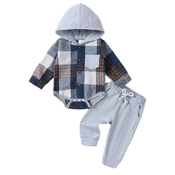 KEXE Baby Boys' Clothing Sets 3-6 Month Boy Clothes Winter Baby Boy Clothes Flannel Plaid Outfits Long Sleeve Hoodie Romper Fall Winter 2 Pcs Clothes For Boy