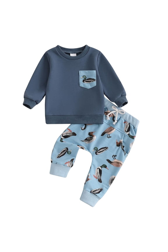 Boy Outfits Toddler Boys Duck Patch Pocket Sweatshirt Duck Print Jogger Pants Casual Set(12-18 Months,Blue)