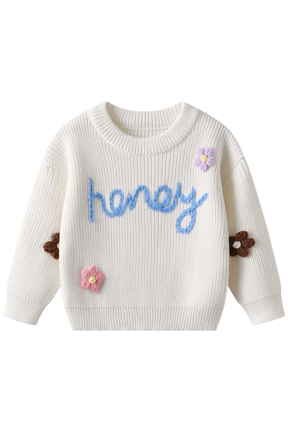 Boys Pullover Sweater Toddler Girls Honey Towel Embroidery Flower Rib Knit Sweater Crew Neck For Daily Play Spring Picnic(0-3 Months,White)