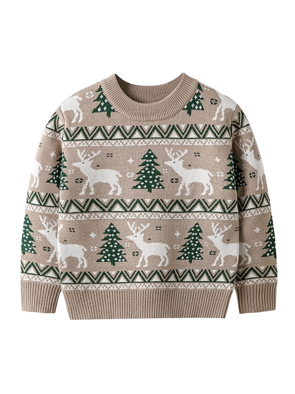 Boys Sweaters Youth Boys Full Pine Tree Knit Pullover For Winter Christmas Outdoor Family Trips(1-2 Years,Beige)