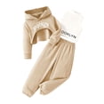 thumbnail image 1 of KEXE Clothes For Kids Kids 3 Piece Layering Suit Graphic Short Hoodie Plain Inner Cami Loose Joggers（7-8 Years，Khaki）, 1 of 4