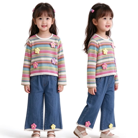 KEXE Girls 2 Piece Outfit Striped Long Sleeve Top Denim Jeans Set 3D Flower Decor Casual Toddler Wear