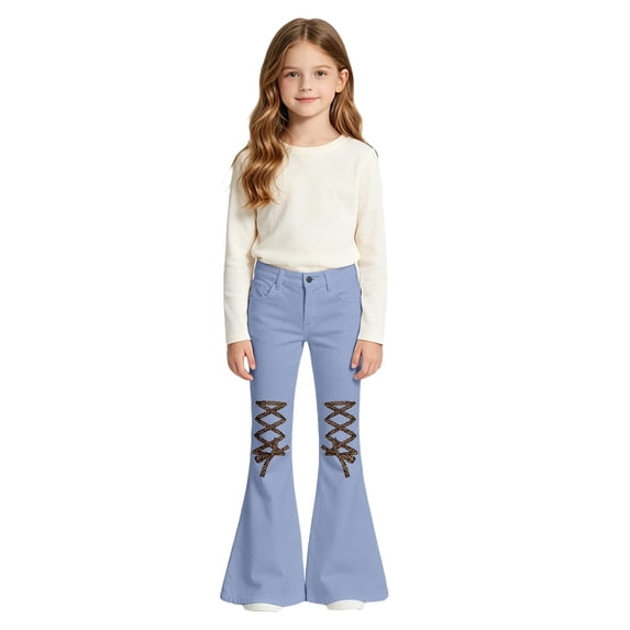 KEXE Girls Hiking Pants Youth Girls Retro Lace Up Bell Bottom Jeans High Waist Summer Street Denim Pants(Blue,10-11 Years)