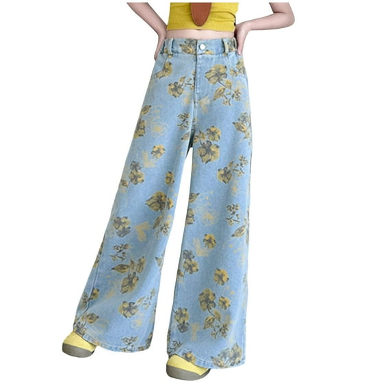 KEXE Girls Jeans Size 8 Girls' Jeans Girls Jeans Denim Elastic Wasit Wide Leg Baggy Pants Kids Clothes 5-6 Years Sky Blue