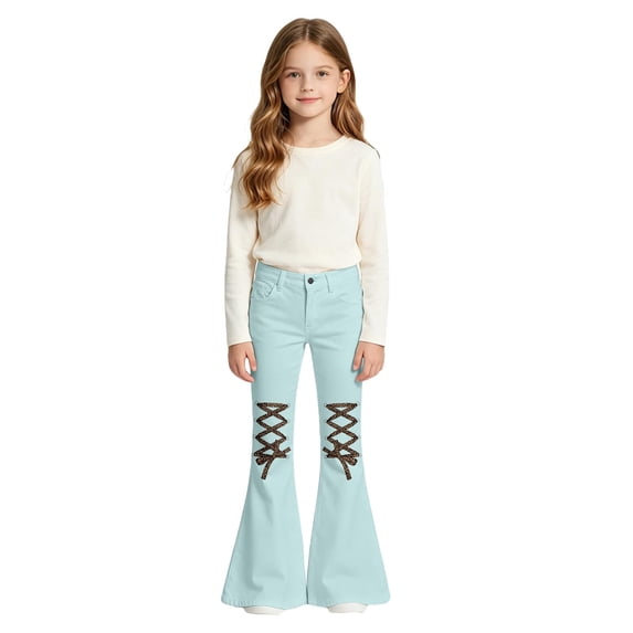 KEXE Girls' Pants & Capris Teen Girls High Waist Strap Flare Jeans Soft Stretch Spring Daily Casual Bell Bottom Pants(Sky Blue,12-13 Years)