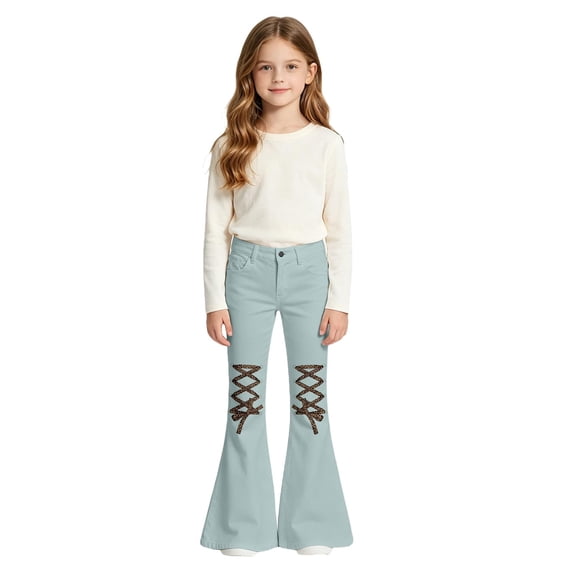KEXE Girls Pants Teen Girls Crisscross Knee Flare Bell Bottom Jeans Stretch Spring Teen Street Denim Trousers(Light Blue,6-7 Years)
