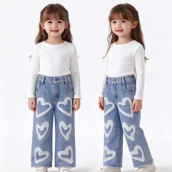 KEXE Girls Ribbed Long Sleeve Top Wide Leg Jeans Set Heart Print Pattern Casual Streetwear Set