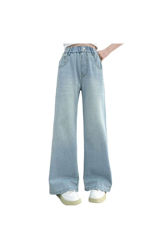 Jeans For Girls 10-12 Girls Clothes Size 14-16 Girls Jeans Denim Elastic Wasit Wide Leg Baggy Pants Kids Clothes 13-14 Years Blue