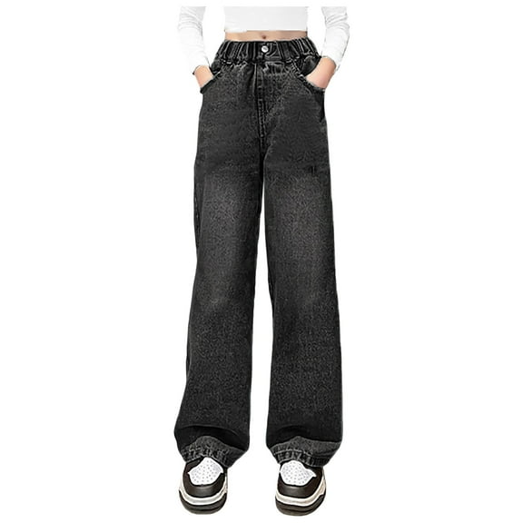 KEXE Jeans For Teens Girl Jeans Size 10-12 Girls Jeans Denim Elastic Wasit Wide Leg Baggy Pants Kids Clothes 11-12 Years Black
