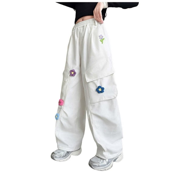 KEXE Khaki Pants For Girls Girls Baggy Pants Girls Cargo Pants Wide Leg Streetwear Kids Pants With Pockets Trendy Jogger Trousers 9-10 Years