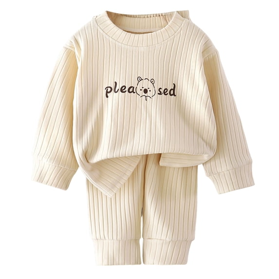 KEXE Kids Clothes Boys Toddler Boy Vertical Ribbed Bear Embroidery Long Sleeve Top Cuffed Pants 2Pcs Set Spring Home Loungewear(Beige,10-11 Years)