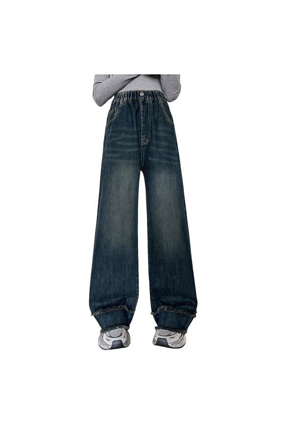 Kids Clothes Girls Girls Pants Size 14-16 Jeans For Girls Baggy Wide Leg Cute High Elastic Waisted Denim Pants Y2K Boyfriend Skater Streetwear