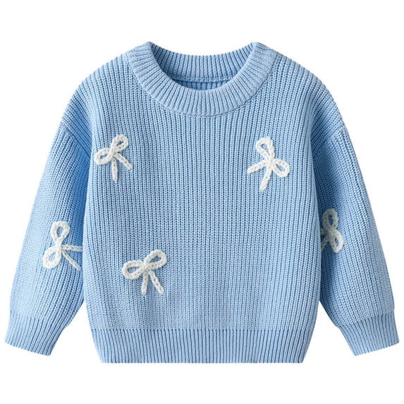 KEXE Kids Crewneck Sweatshirt Toddler Girls 3D Bow Rib Knit Sweater Crew Neck For Spring Outdoor Walks Family Travel(9-12 Months,Blue)