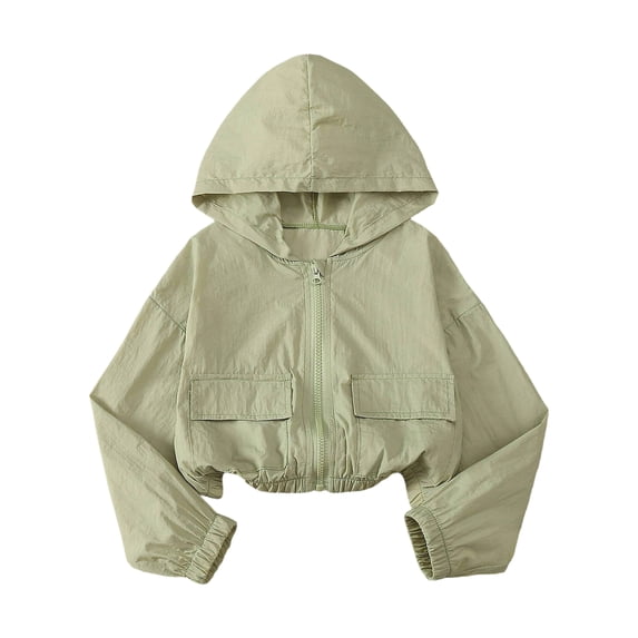KEXE Kids Raincoat Youth Girls Relax Crop Hooded Zip Up Wind Coat Elastic Cuff Kindergarten Daily Play Jacket(6-7 Years,Green)