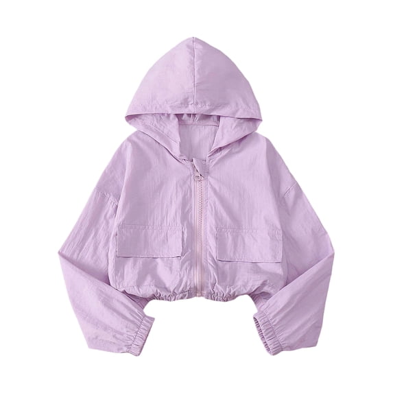 KEXE Kids Raincoat Youth Girls Relax Crop Hooded Zip Up Wind Coat Elastic Cuff Kindergarten Daily Play Jacket(6-7 Years,Purple)