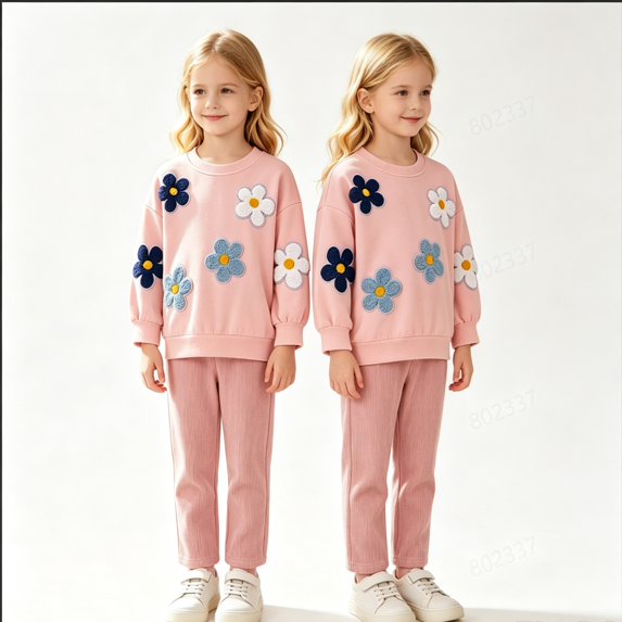 KEXE Little Girls Floral Sweatshirt Set Long‑Sleeve Top And Elastic Waist Ribbed Trousers