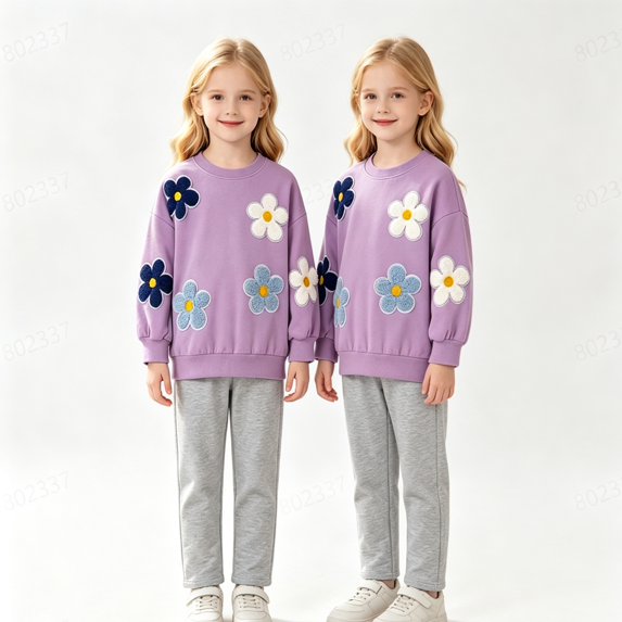 KEXE Little Girls Floral Sweatshirt Set Long‑Sleeve Top And Elastic Waist Ribbed Trousers