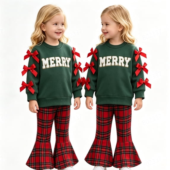 KEXE Little Girls Letter Sweatshirt With Bows Flare‑Leg Pants
