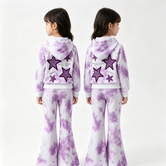 KEXE Little Girls Tie‑Dye Hoodie Set Star Long‑Sleeve Cropped Hooded Sweatshirt Flare Pants
