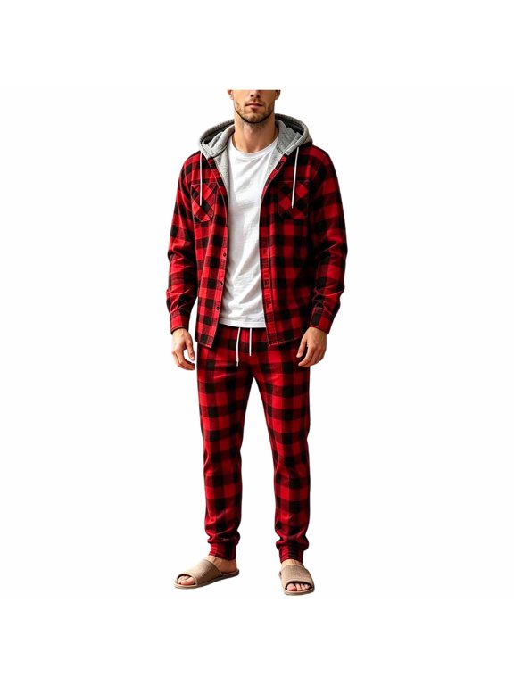 Men's Clothing Sets Male Checkered Hoodie Tracksuit Long Sleeve Plaid Shirt Top And Elastic Waist Trousers Relaxed Cut Pajama Suit