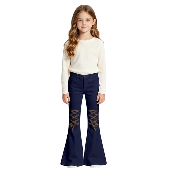 KEXE Pants Girls Teen Girls Crisscross Knee Flare Bell Bottom Jeans Stretch Spring Teen Street Denim Trousers(Navy,6-7 Years)