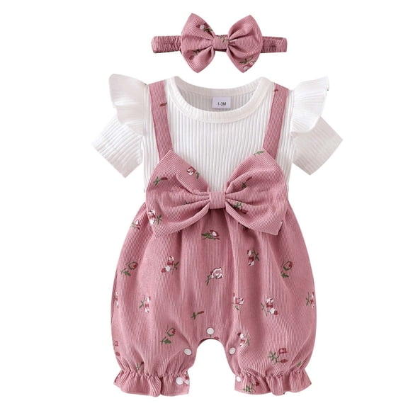 KEXE Ropa De Bebe NiñA 12 Month Girl Clothes Newborn Baby Girl Fall Clothes Bow Jumpsuits Ruffle Short Sleeve Outfit Infant Cute Romper