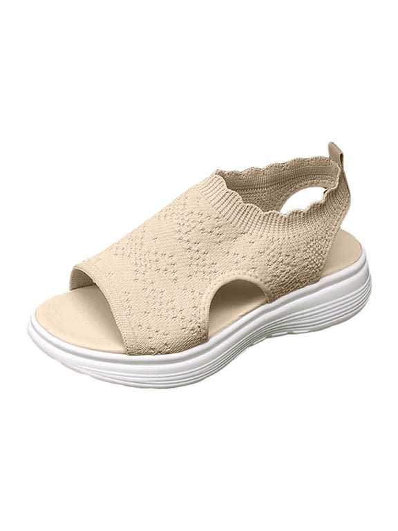 Summer Sandals For Women Women Elastic Knit Open Toe Platform Sandals Cushioned Sole Slip Summer Walking Shoes(size:9.5,Beige)